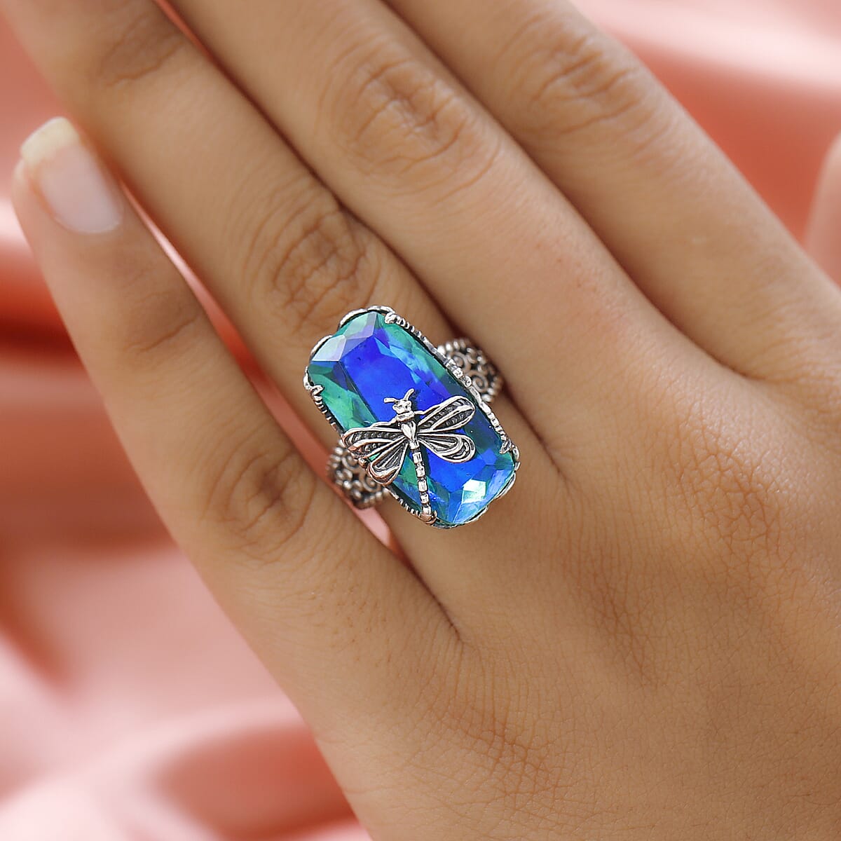 Artisan Crafted Peacock Quartz (Triplet) Dragonfly Ring in Sterling Silver (Size 6.0) 14.15 ctw image number 1