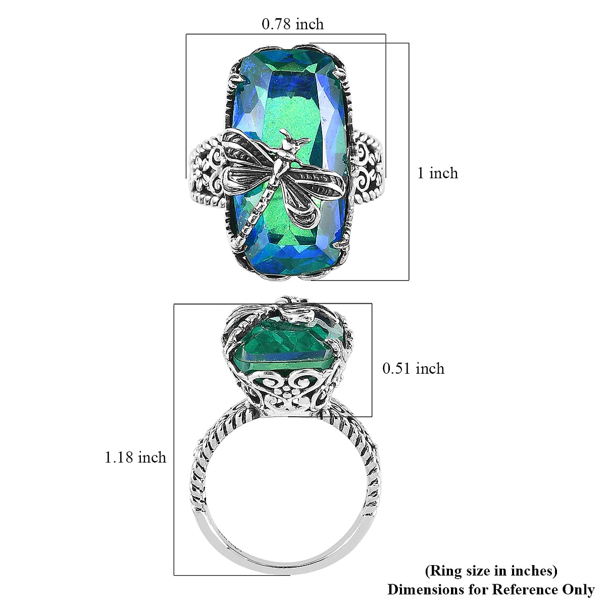 Artisan Crafted Peacock Quartz (Triplet) Dragonfly Ring in Sterling Silver (Size 6.0) 14.15 ctw image number 3