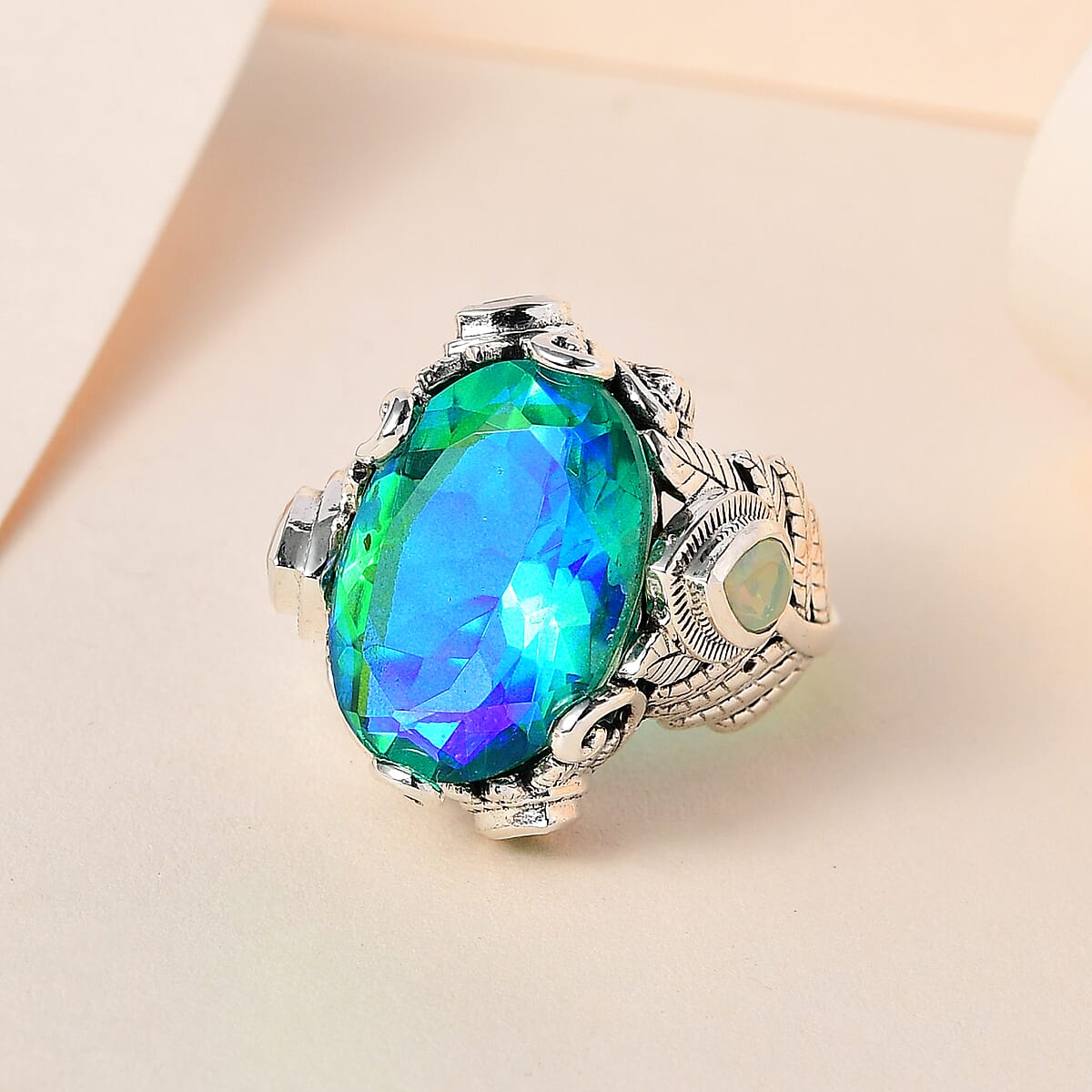 Artisan Crafted Peacock Quartz (Triplet) and Ethiopian Welo Opal Ring in Sterling Silver 12.65 ctw image number 1