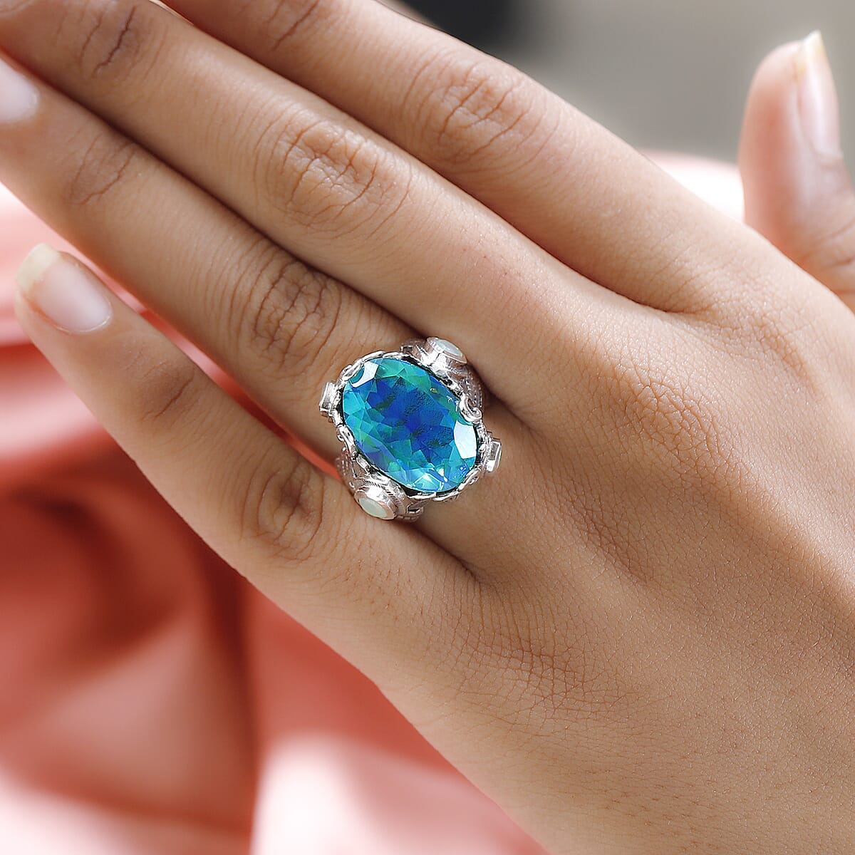 Artisan Crafted Peacock Quartz (Triplet) and Ethiopian Welo Opal Ring in Sterling Silver 12.65 ctw image number 2