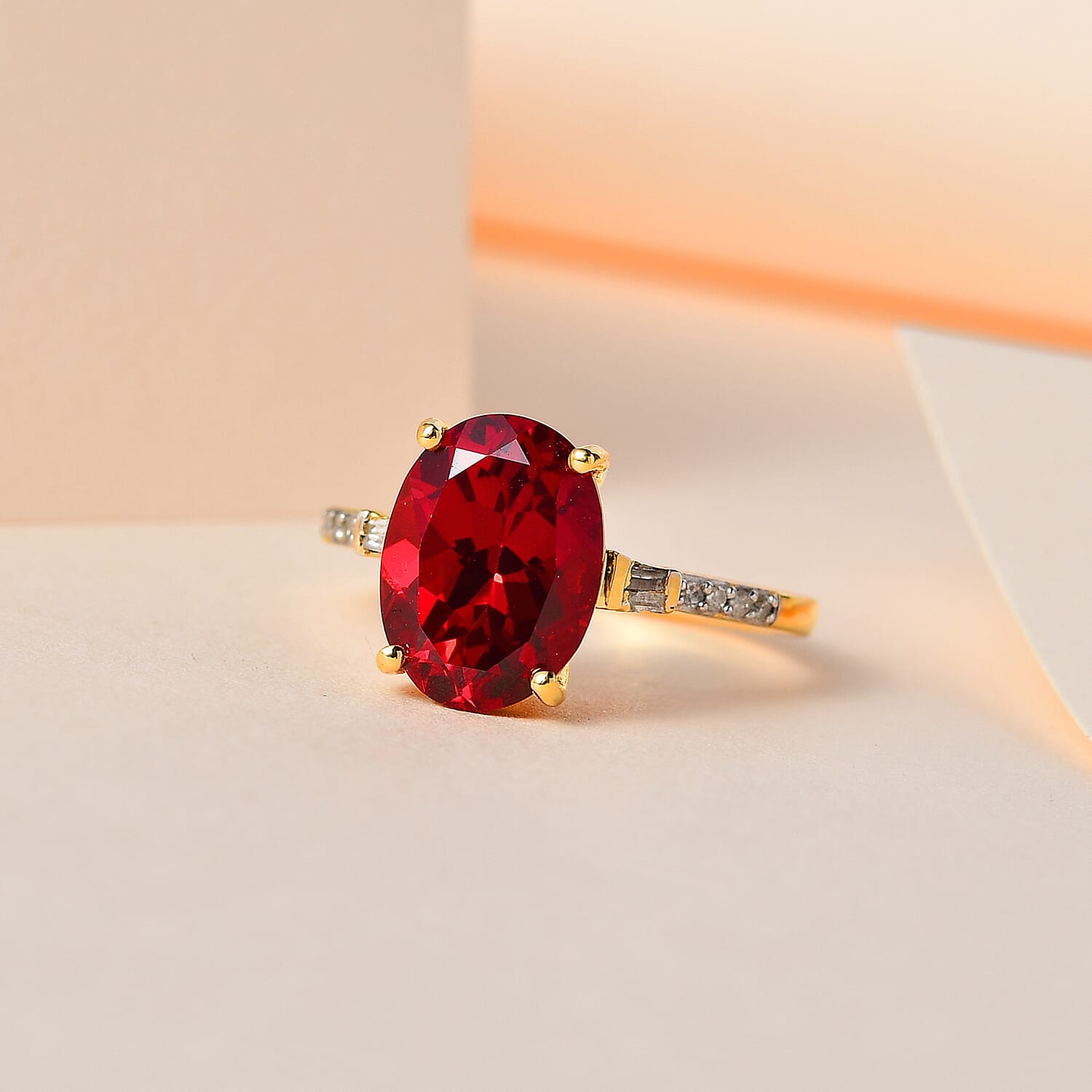Lab Created Padparadscha Sapphire and Diamond Ring in Vermeil Yellow Gold Over Sterling Silver (Size 10.0) 5.75 ctw