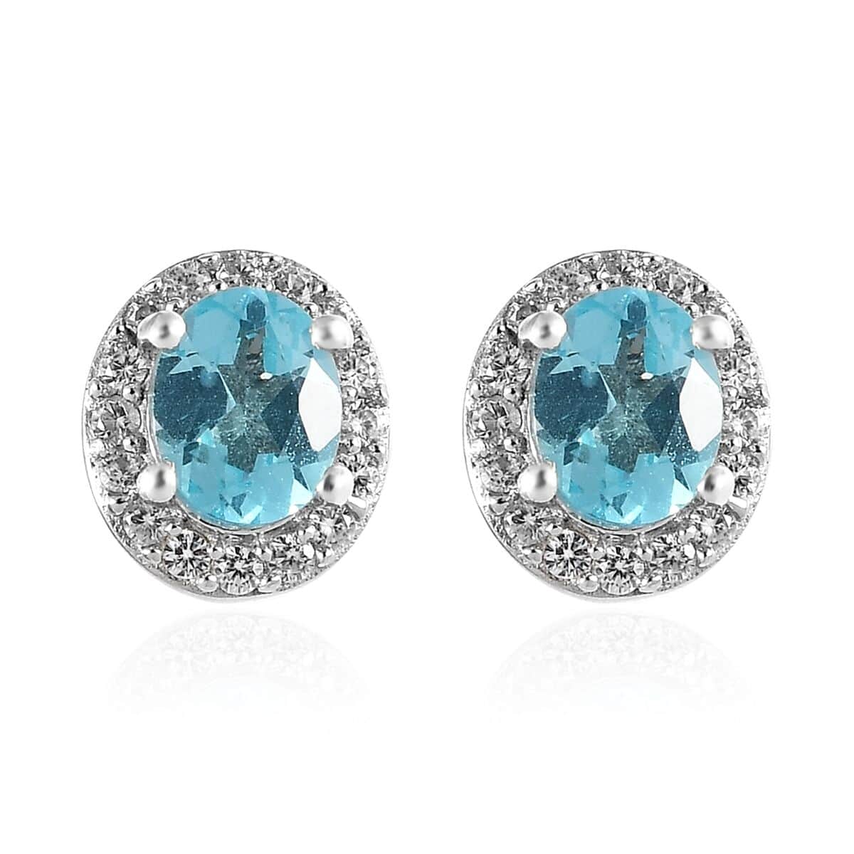 Madagascar Paraiba Apatite and White Zircon Halo Stud Earrings in Platinum Over Sterling Silver 1.00 ctw image number 0