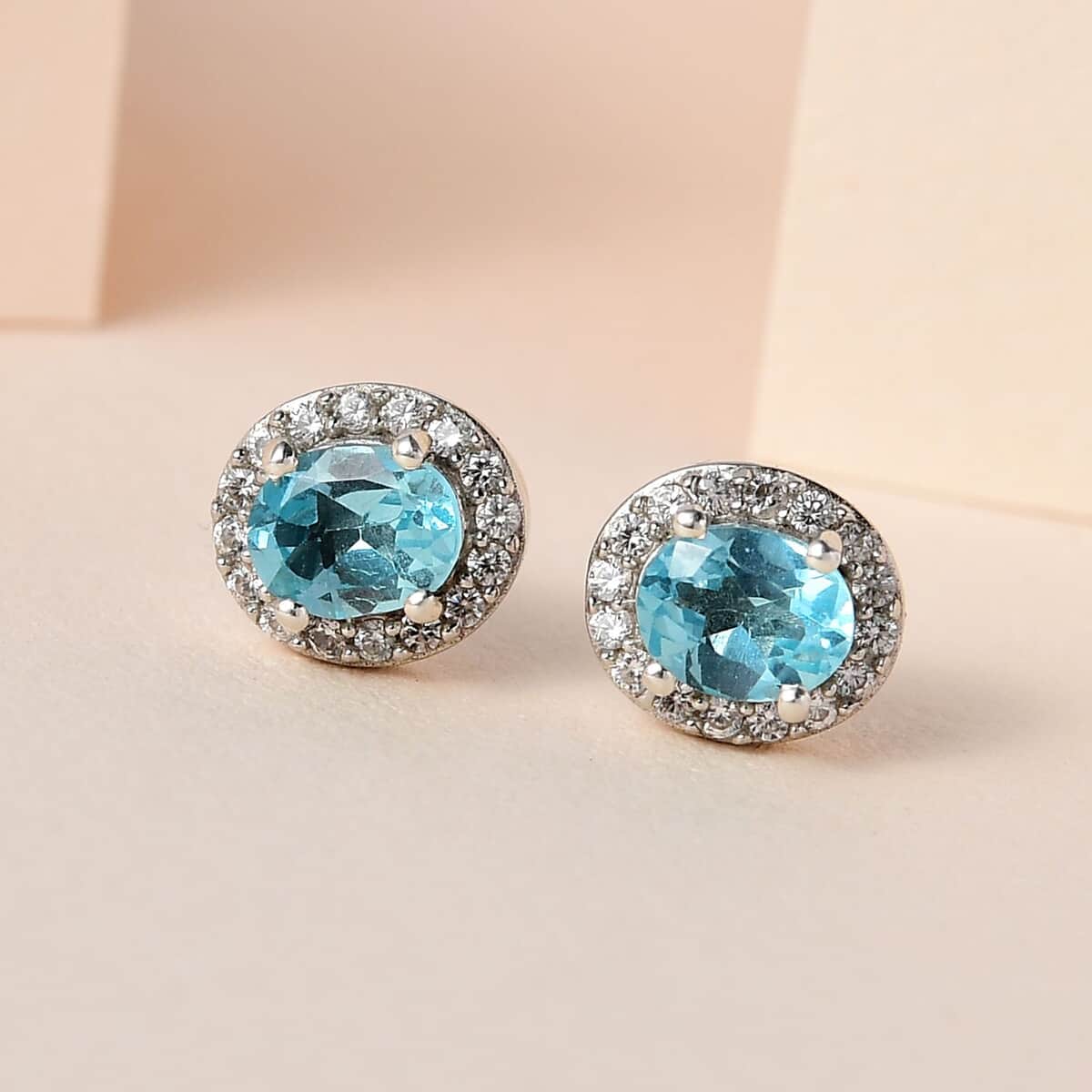 Madagascar Paraiba Apatite and White Zircon Halo Stud Earrings in Platinum Over Sterling Silver 1.00 ctw image number 1