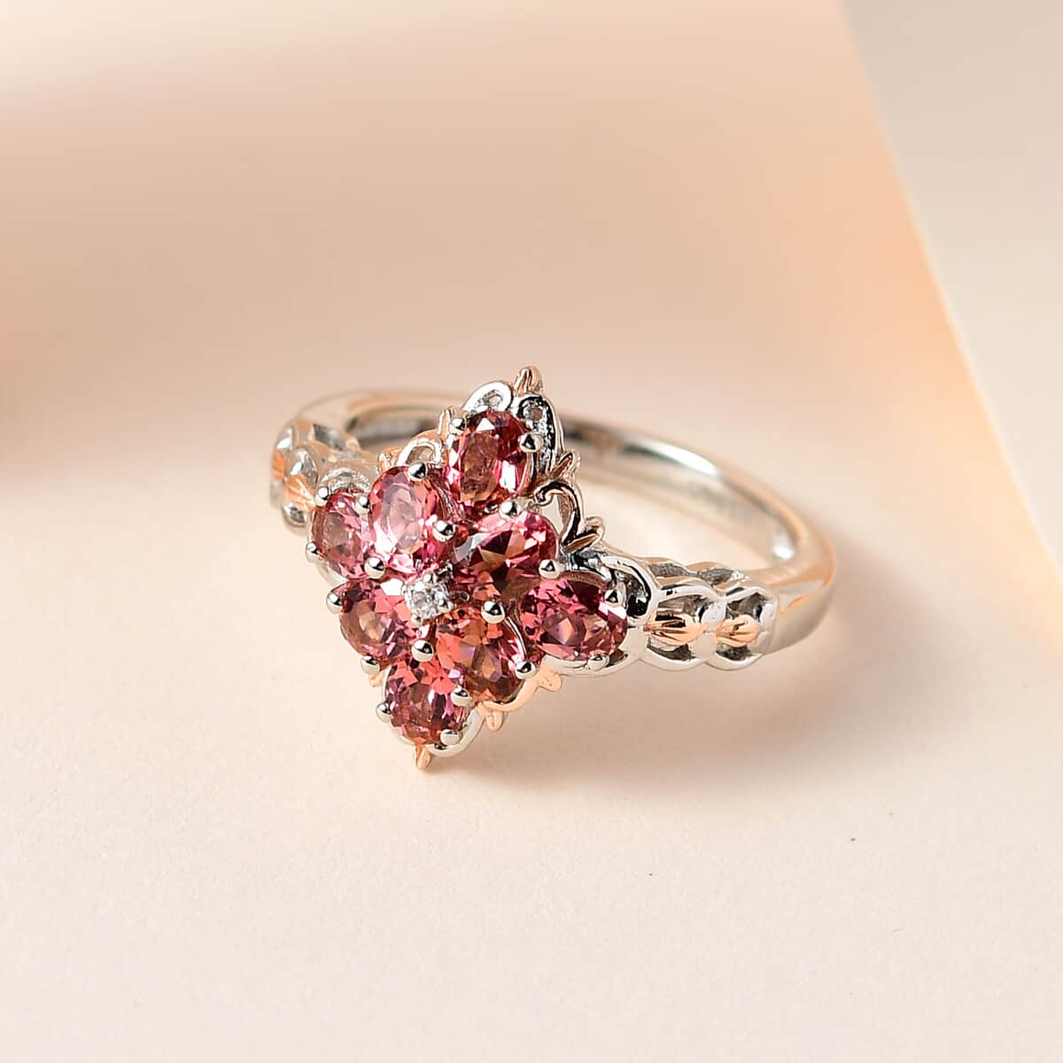 Premium Morro Redondo Pink Tourmaline and White Zircon Ring in Vermeil RG and Platinum Over Sterling Silver 1.35 ctw image number 1