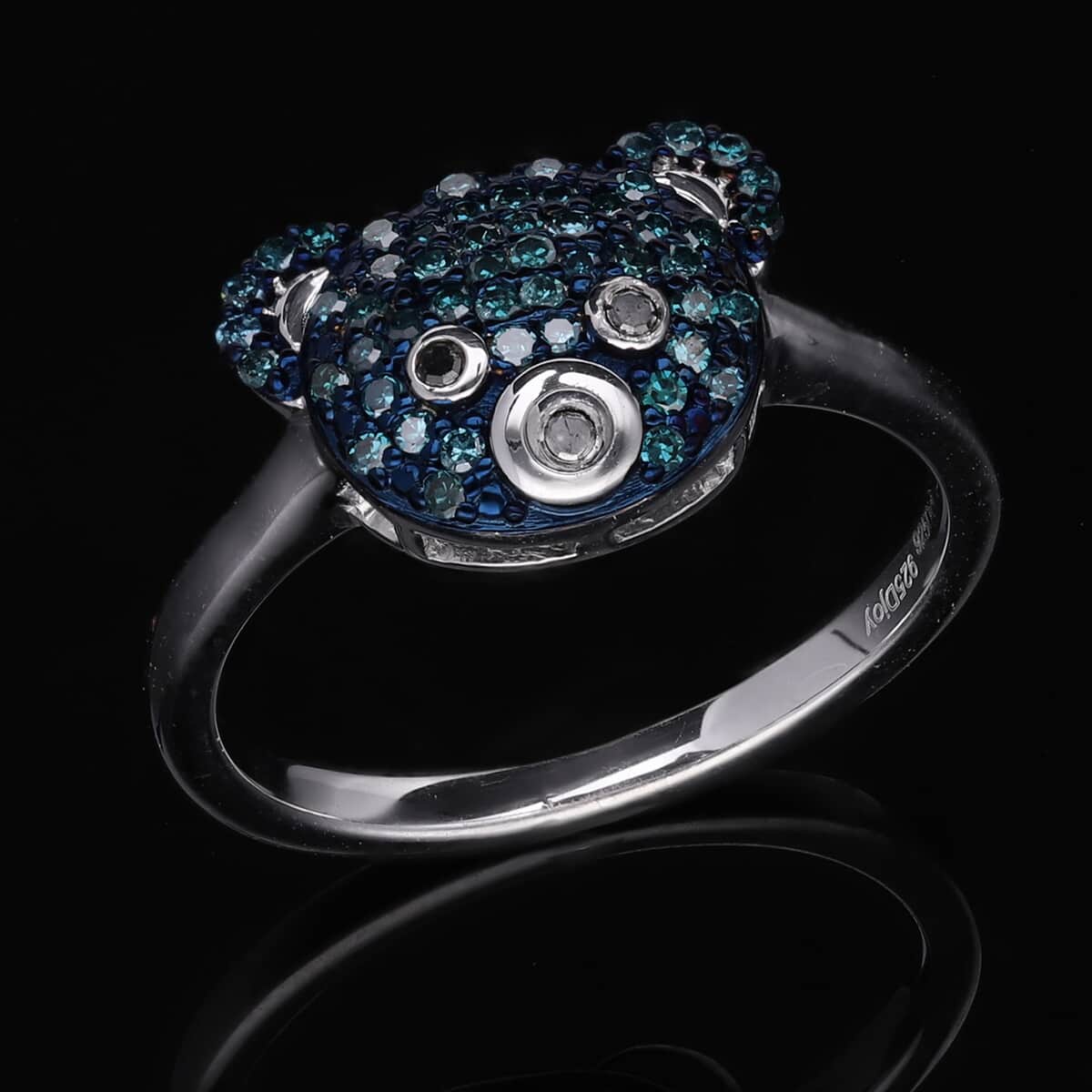 Blue and Black Diamond Teddy Bear Ring in Platinum Over Sterling Silver 0.30 ctw image number 1