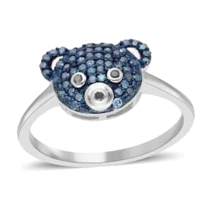 Blue and Black Diamond Teddy Bear Ring in Platinum Over Sterling Silver (Size 7.0) 0.30 ctw