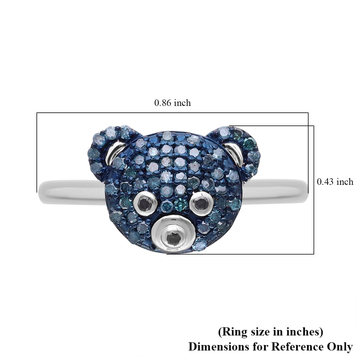 Blue and Black Diamond Teddy Bear Ring in Platinum Over Sterling Silver (Size 7.0) 0.30 ctw image number 5