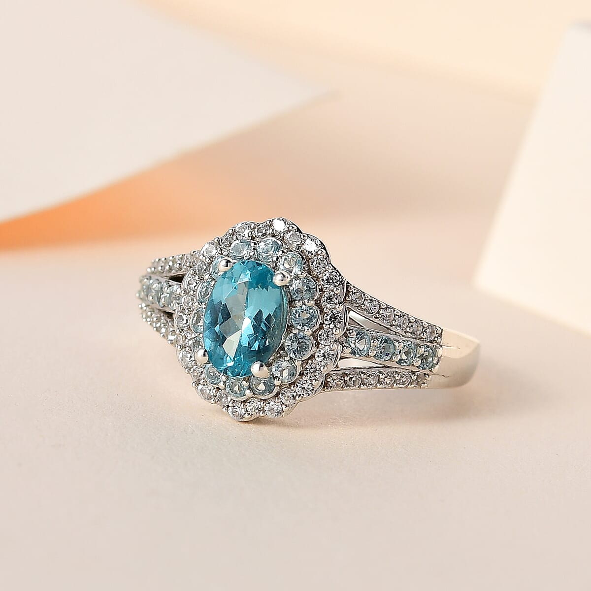 Premium Madagascar Paraiba Apatite, Multi Gemstone Halo Ring in Platinum Over Sterling Silver (Size 10.0) 1.65 ctw image number 1