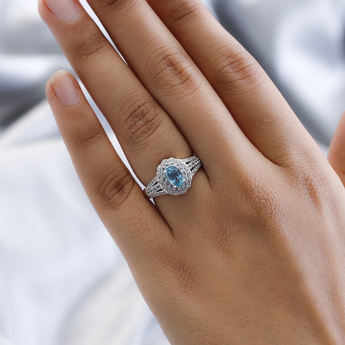 Premium Madagascar Paraiba Apatite, Multi Gemstone Halo Ring in Platinum Over Sterling Silver (Size 10.0) 1.65 ctw image number 2