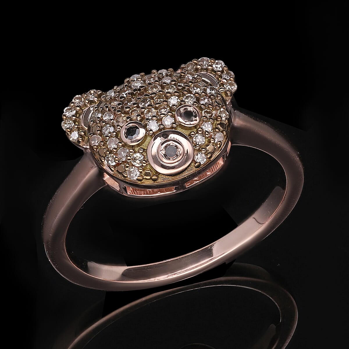 Natural Champagne Diamond and Black Diamond Teddy Bear Ring in Vermeil Rose Gold Over Sterling Silver (Size 7.0) 0.25 ctw image number 1