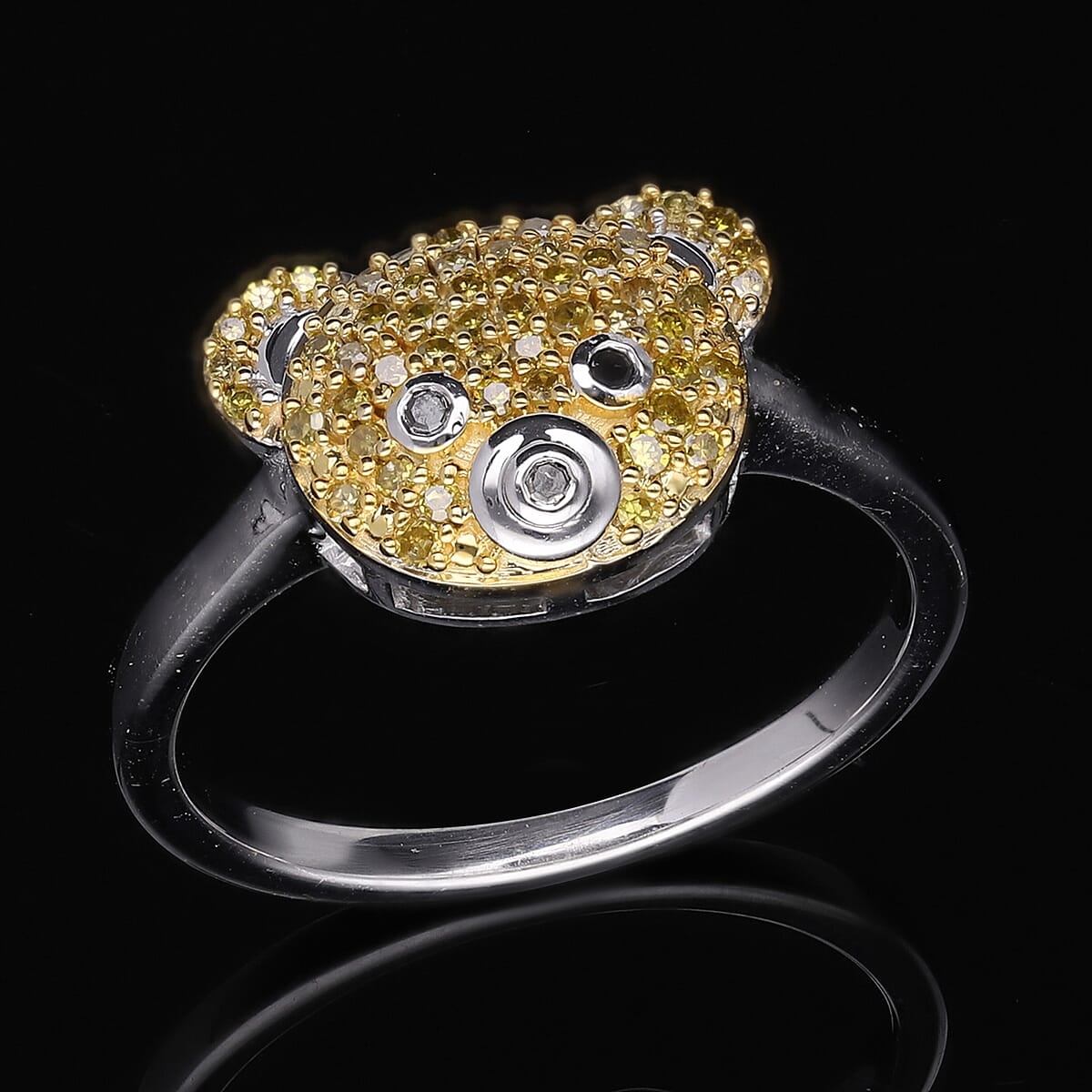 Yellow and Black Diamond Teddy Bear Ring in Platinum Over Sterling Silver (Size 10.0) 0.25 ctw image number 1