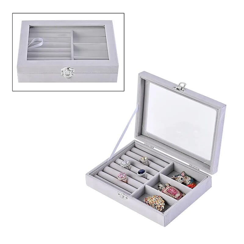 Gray Velvet Jewelry Box with Anti Tarnish Lining & Lock (Rings Hold Up to 28, Brooch, Pendant without Chain, Earrings)