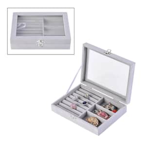 Gray Velvet Jewelry Box with Anti Tarnish Lining & Lock (Rings Hold Up to 28, Brooch, Pendant, Earrings)