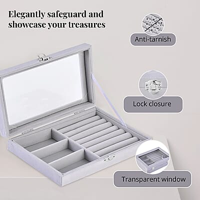 Gray Velvet Jewelry Box with Anti Tarnish Lining & Lock (Rings Hold Up to 28, Brooch, Pendant without Chain, Earrings)