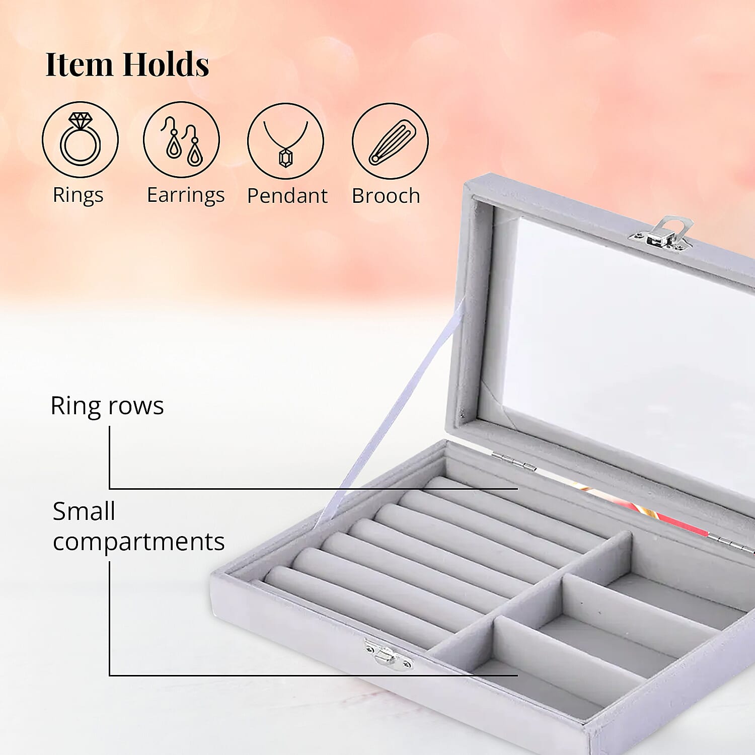 Gray Velvet Jewelry Box with Anti Tarnish Lining & Lock (Rings Hold Up to 28, Brooch, Pendant without Chain, Earrings)