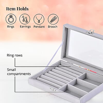 Gray Velvet Jewelry Box with Anti Tarnish Lining & Lock (Rings Hold Up to 28, Brooch, Pendant without Chain, Earrings)