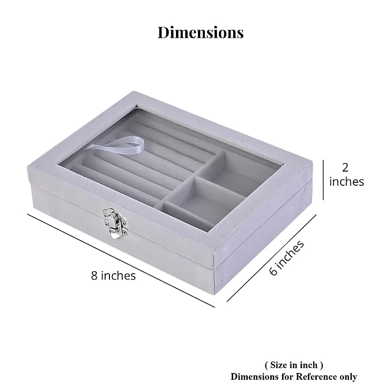 Gray Velvet Jewelry Box with Anti Tarnish Lining & Lock (Rings Hold Up to 28, Brooch, Pendant without Chain, Earrings)