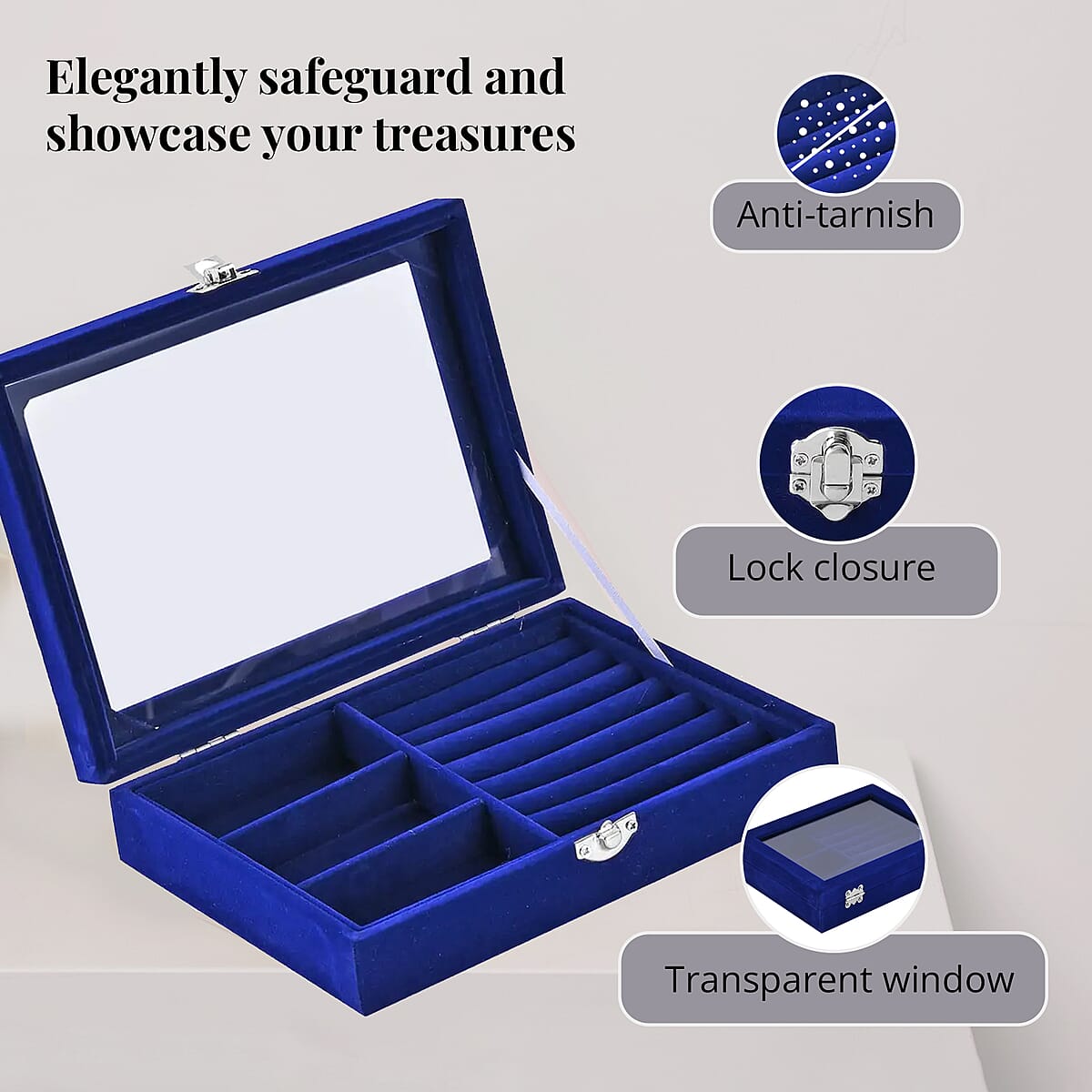 Navy Blue Velvet Jewelry Box with Anti Tarnish Lining & Lock (Rings Hold Up to 28, Brooch, Pendant, Earrings) image number 3