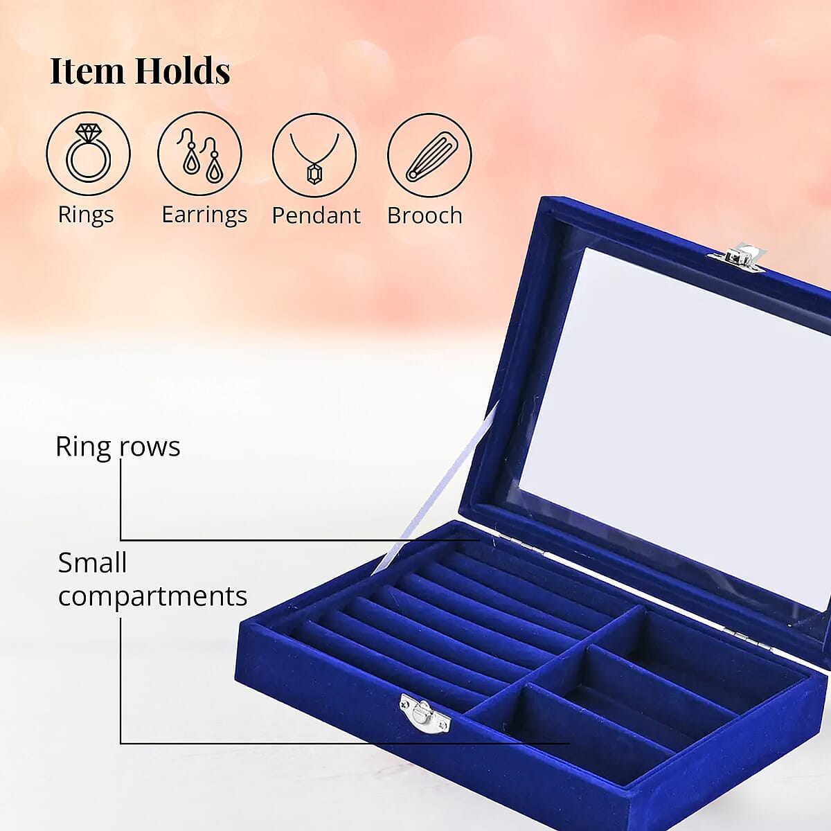 Navy Blue Velvet Jewelry Box with Anti Tarnish Lining & Lock (Rings Hold Up to 28, Brooch, Pendant, Earrings) image number 4