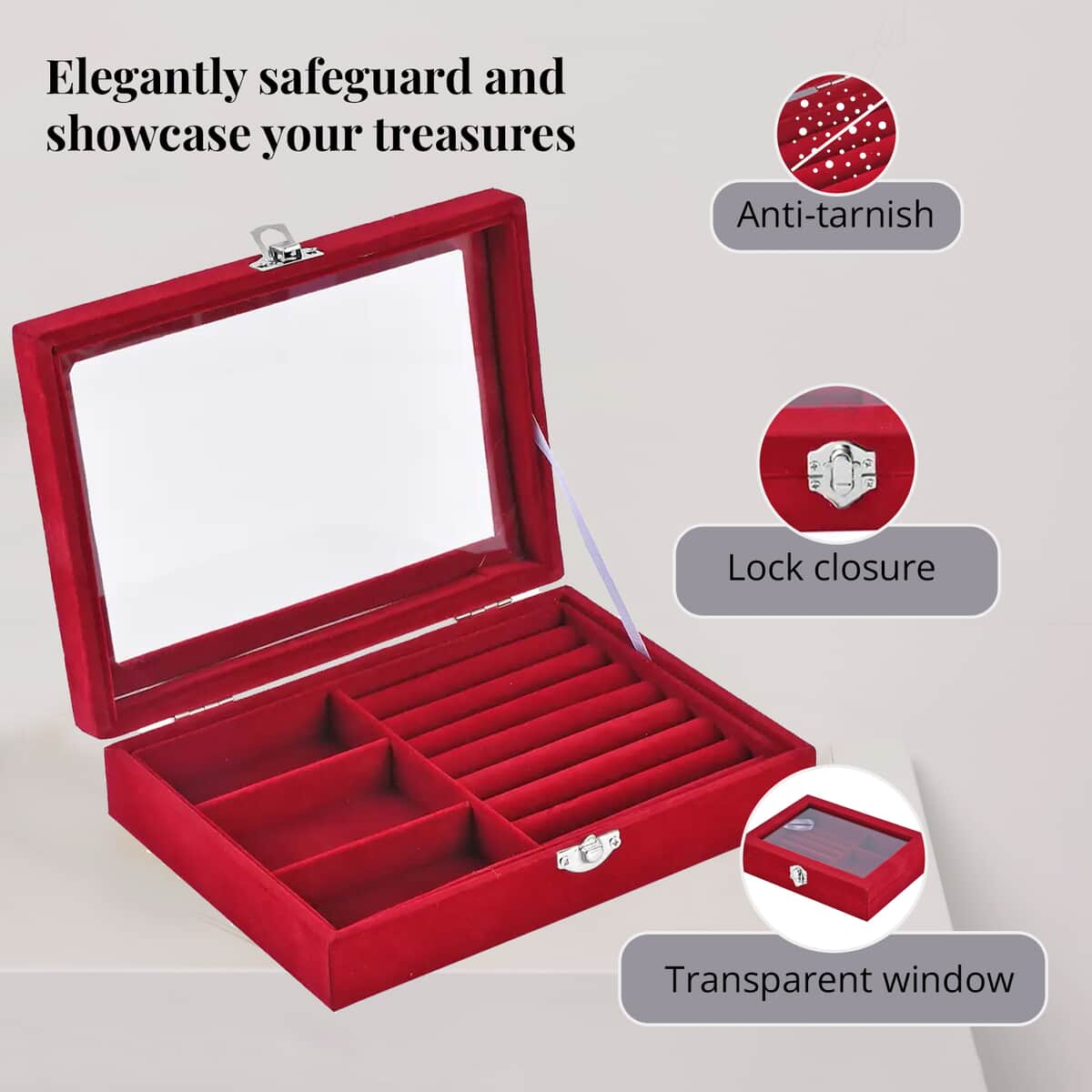 Burgundy Velvet Jewelry Box with Anti Tarnish Lining & Lock (Rings Hold Up to 28, Brooch, Pendant, Earrings) image number 3