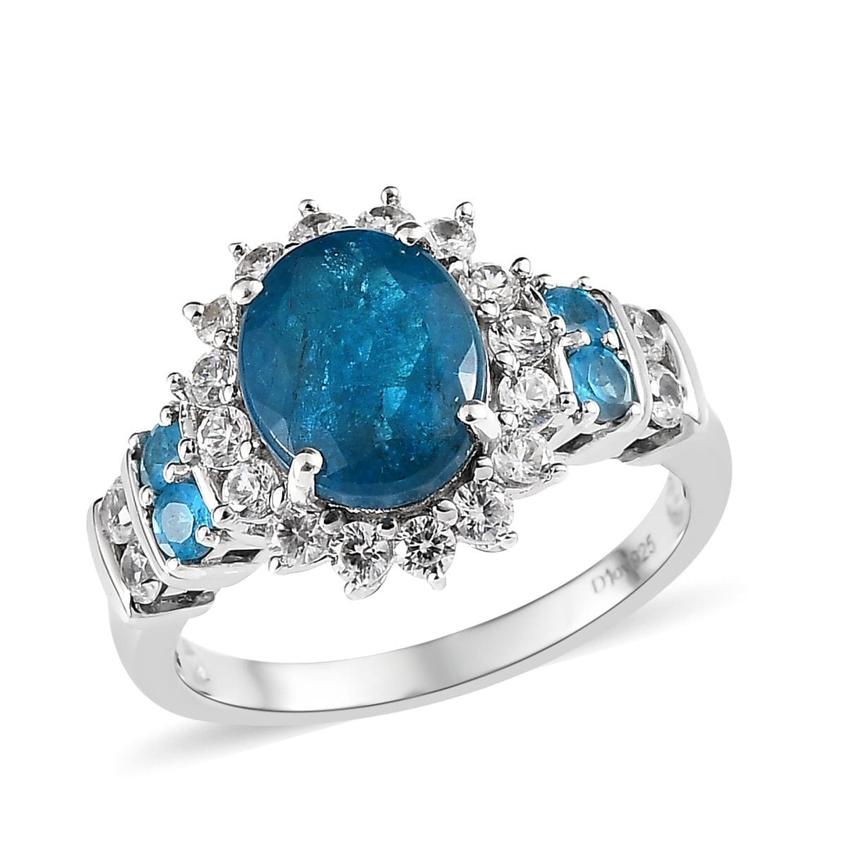 Malgache Neon Apatite and White Zircon Sunburst Ring in Platinum Over Sterling Silver (Size 6.0) 4.00 ctw image number 0