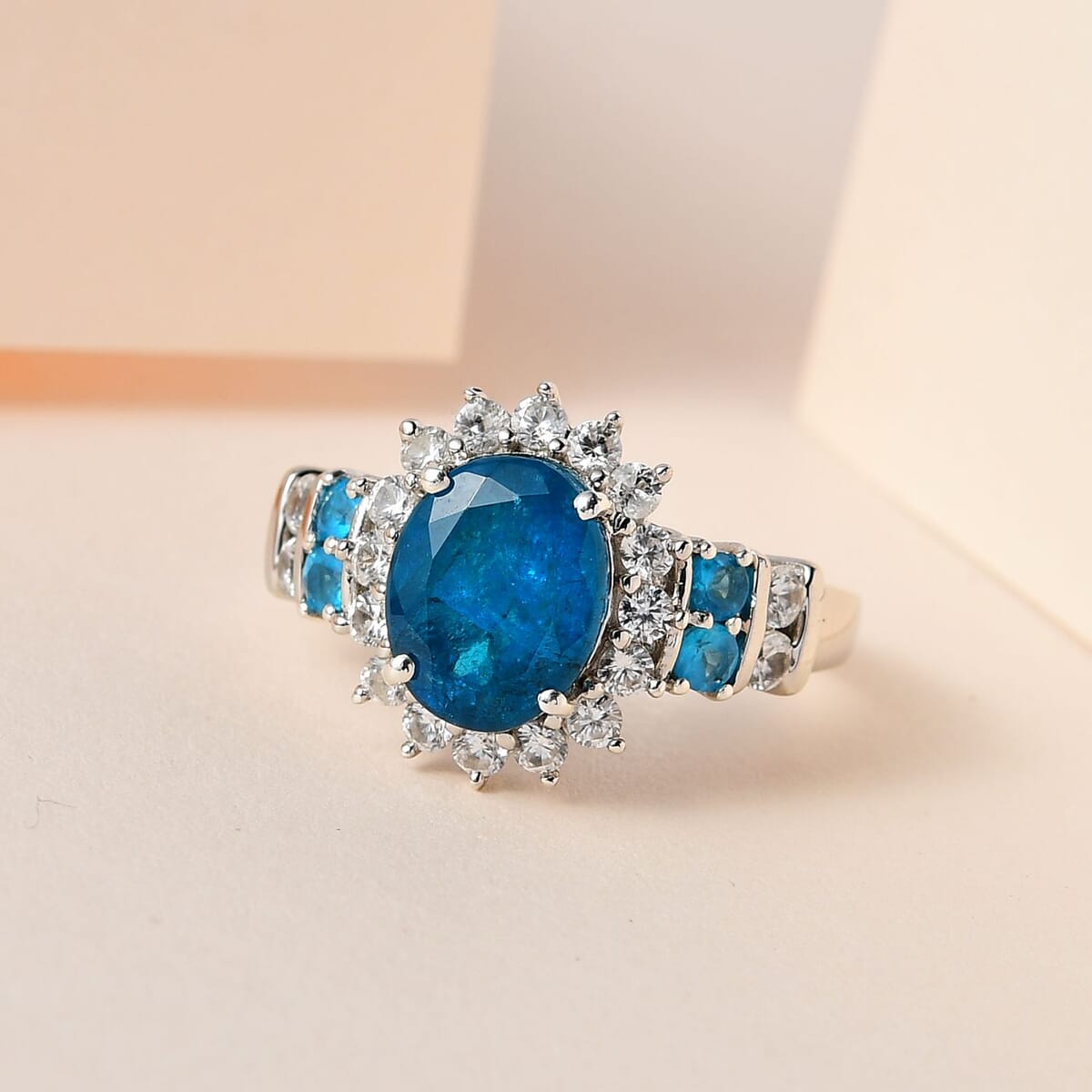 Malgache Neon Apatite and White Zircon Sunburst Ring in Platinum Over Sterling Silver (Size 6.0) 4.00 ctw image number 1