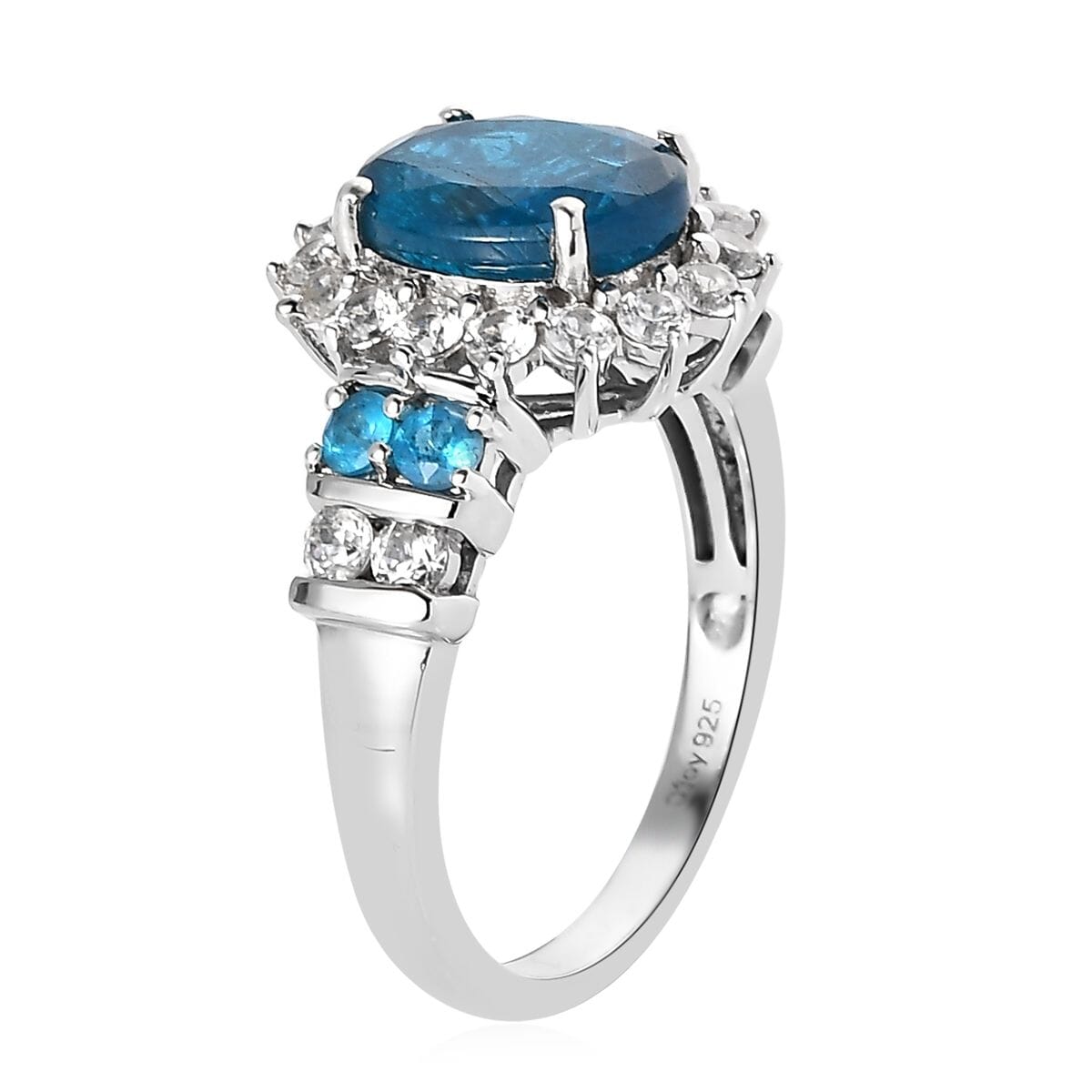 Malgache Neon Apatite and White Zircon Sunburst Ring in Platinum Over Sterling Silver (Size 6.0) 4.00 ctw image number 3