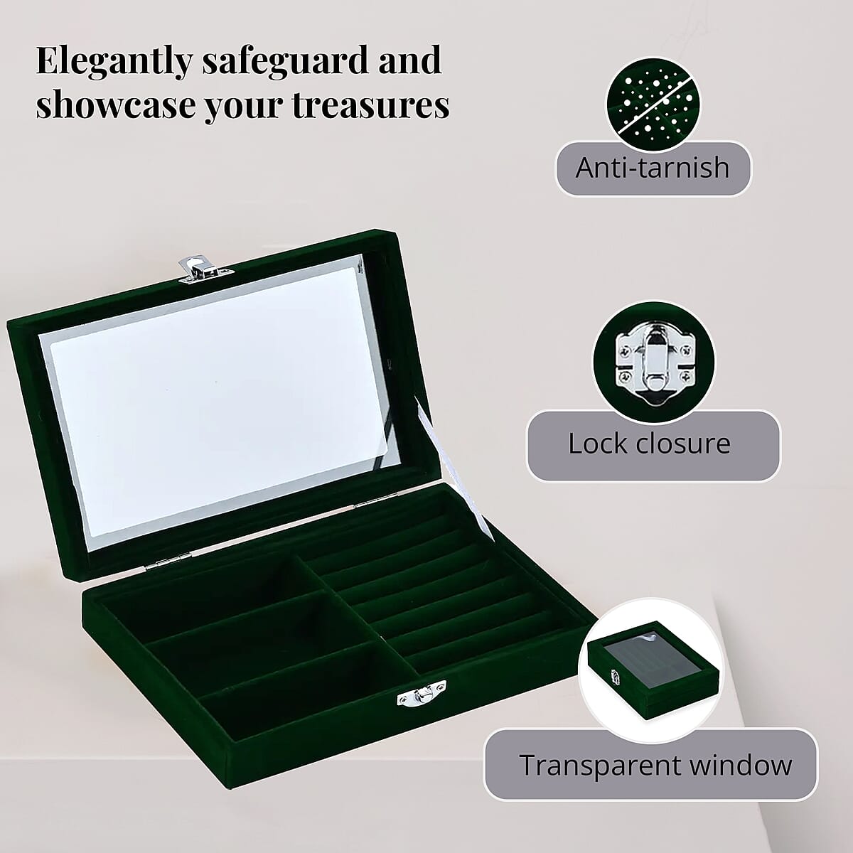 Green Velvet Jewelry Box with Anti Tarnish Lining & Lock (Rings Hold Up to 28, Brooch, Pendant, Earrings) image number 3