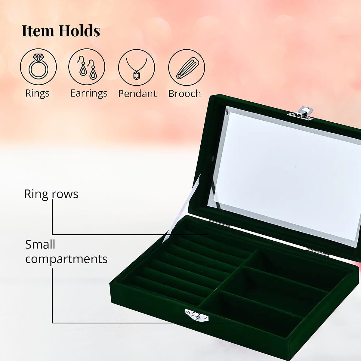 Green Velvet Jewelry Box with Anti Tarnish Lining & Lock (Rings Hold Up to 28, Brooch, Pendant, Earrings) image number 4