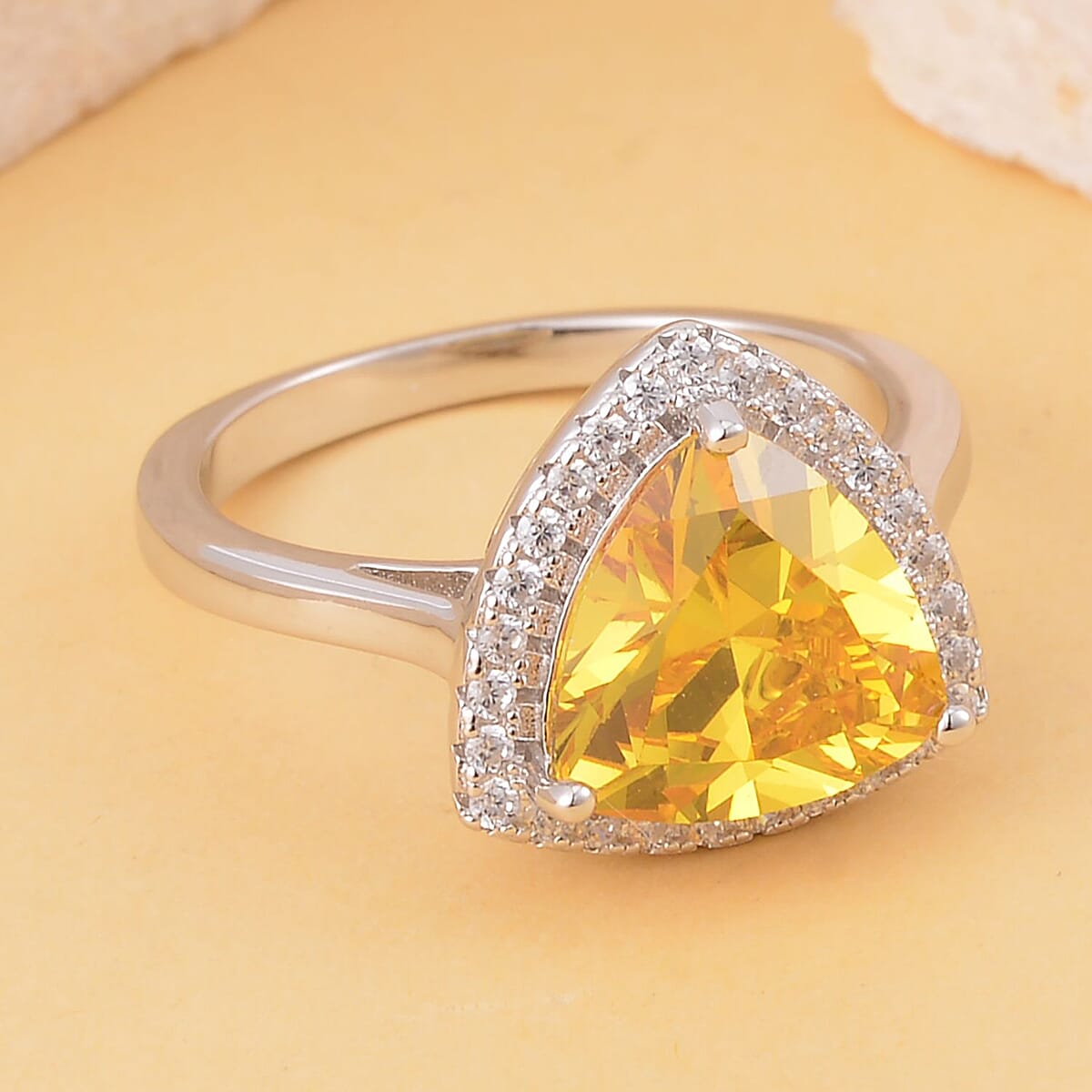 Lustro Stella Concave Cut Finest Yellow and White CZ Halo Ring in Platinum Over Sterling Silver 5.50 ctw image number 1