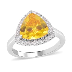 Lustro Stella Concave Cut Finest Yellow and White CZ Halo Ring in Platinum Over Sterling Silver 5.50 ctw