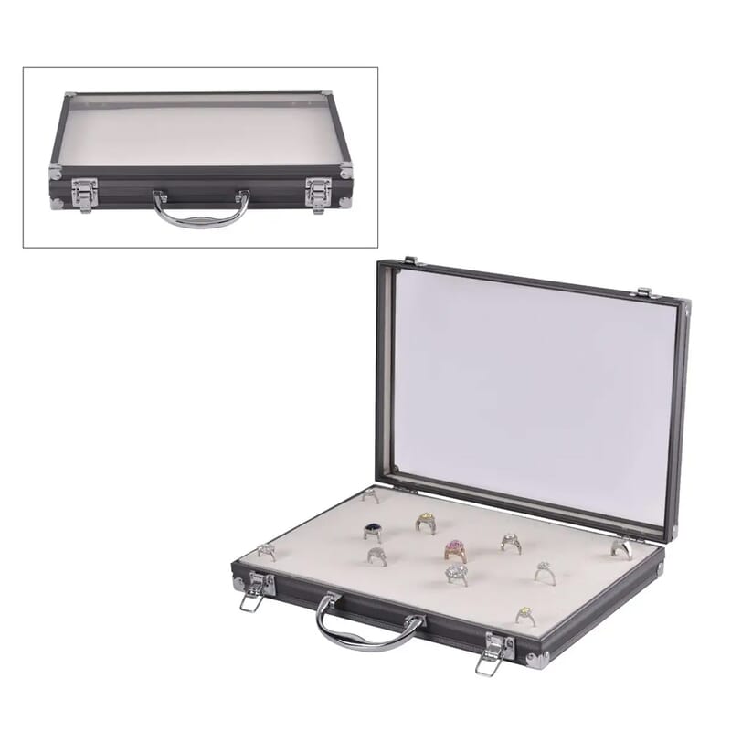 Gray Faux Leather Velvet Interior Ring Jewelry Box with Steel Color Lock and Handle