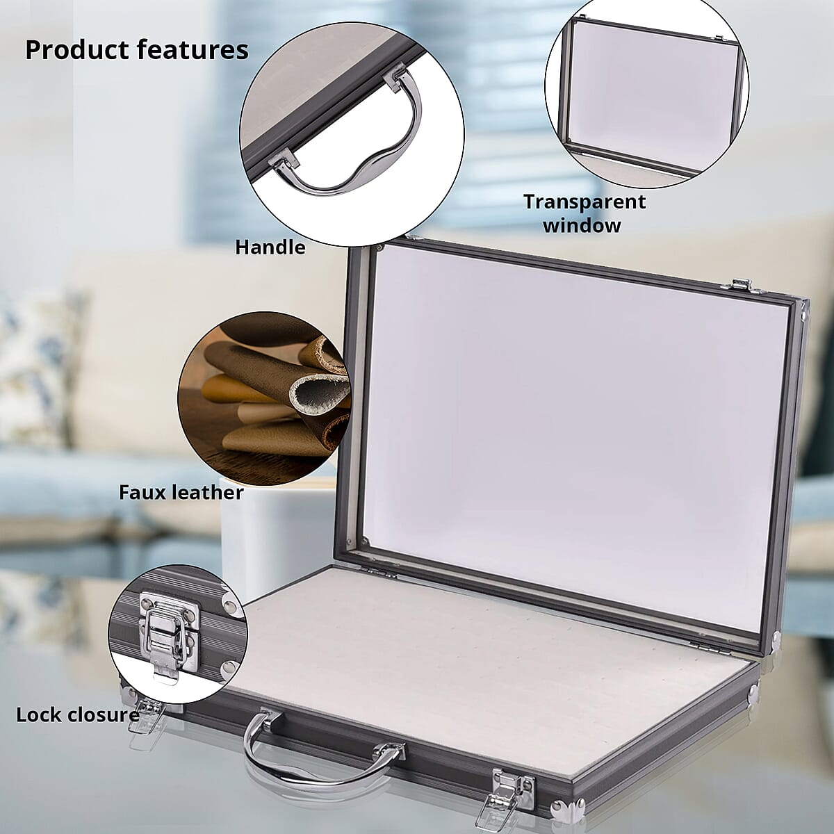 Gray Faux Leather Velvet Interior Ring Jewelry Box with Steel Color Lock and Handle image number 1