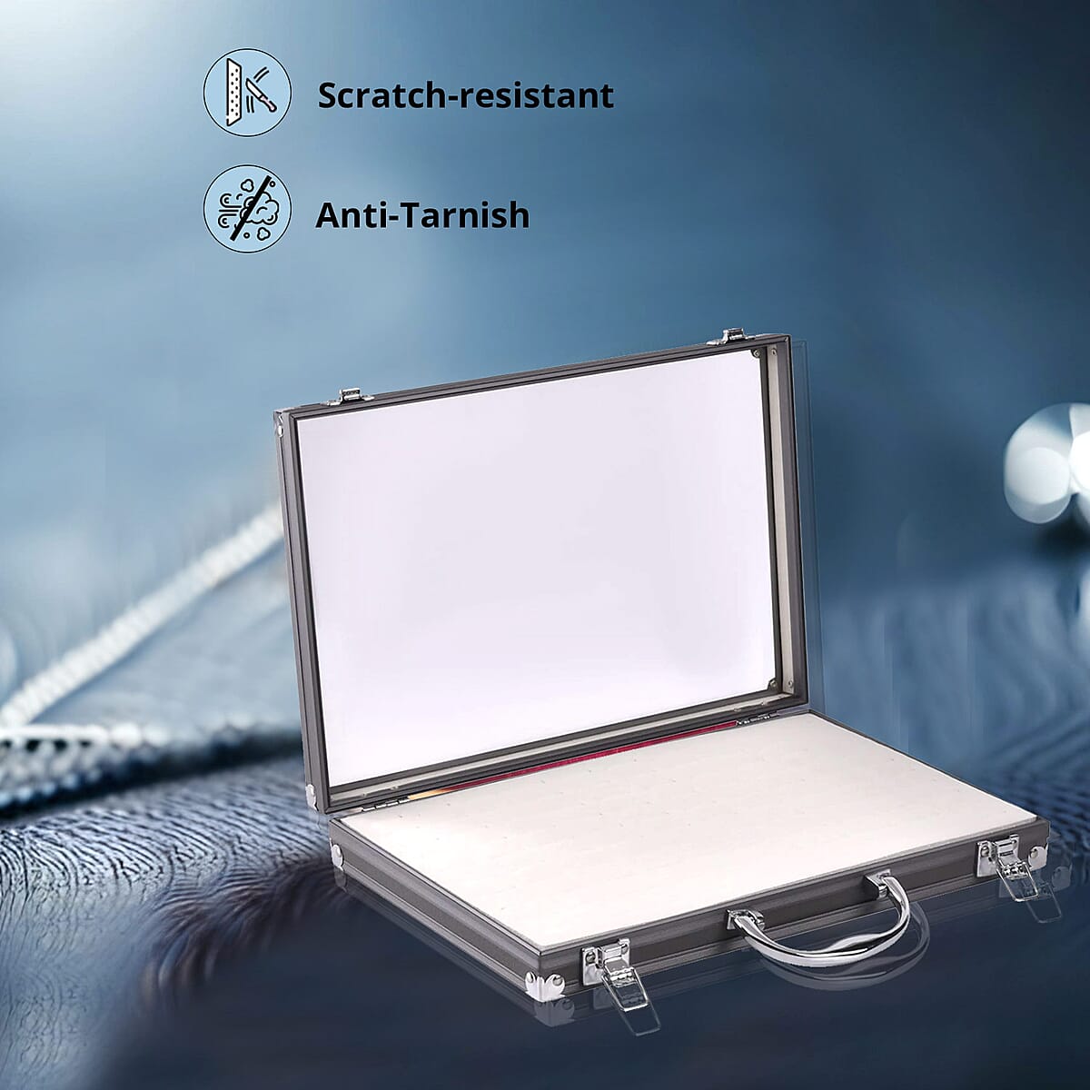 Gray Faux Leather Velvet Interior Ring Jewelry Box with Steel Color Lock and Handle image number 2