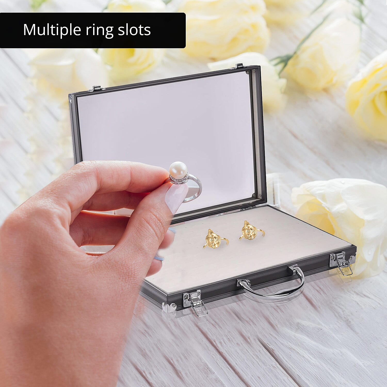 Gray Faux Leather Velvet Interior Ring Jewelry Box with Steel Color Lock and Handle