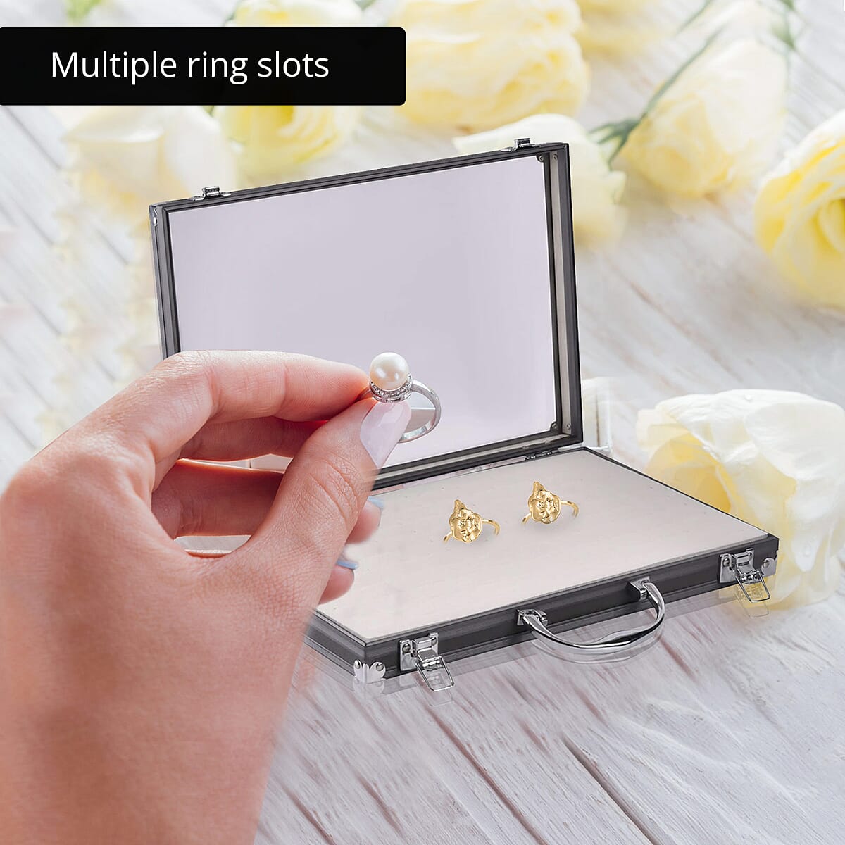 Gray Faux Leather Velvet Interior Ring Jewelry Box with Steel Color Lock and Handle image number 3