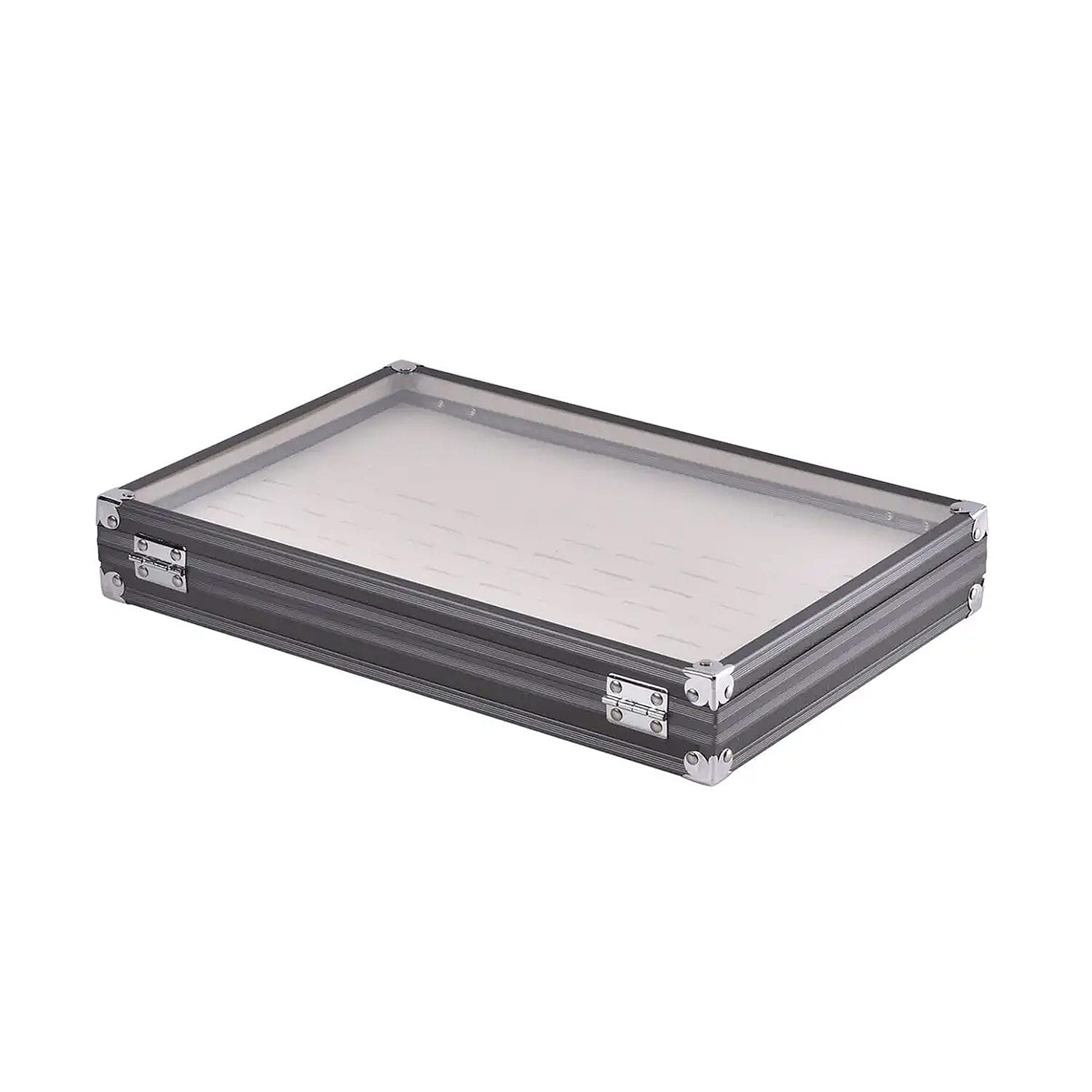 Gray Faux Leather Velvet Interior Ring Jewelry Box with Steel Color Lock and Handle