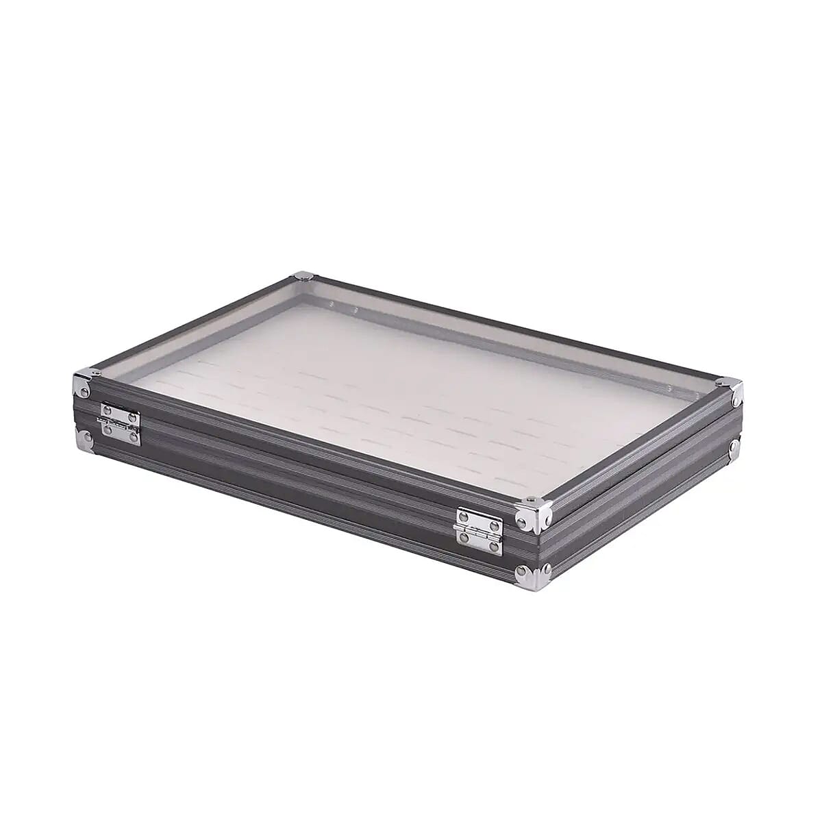 Gray Faux Leather Velvet Interior Ring Jewelry Box with Steel Color Lock and Handle image number 6