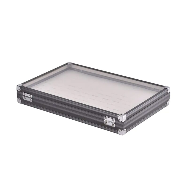 Gray Faux Leather Velvet Interior Ring Jewelry Box with Steel Color Lock and Handle
