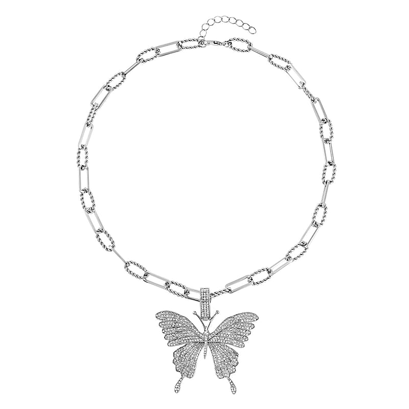 Austrian Crystal Butterfly Pendant Necklace 20-22 Inches in Silvertone