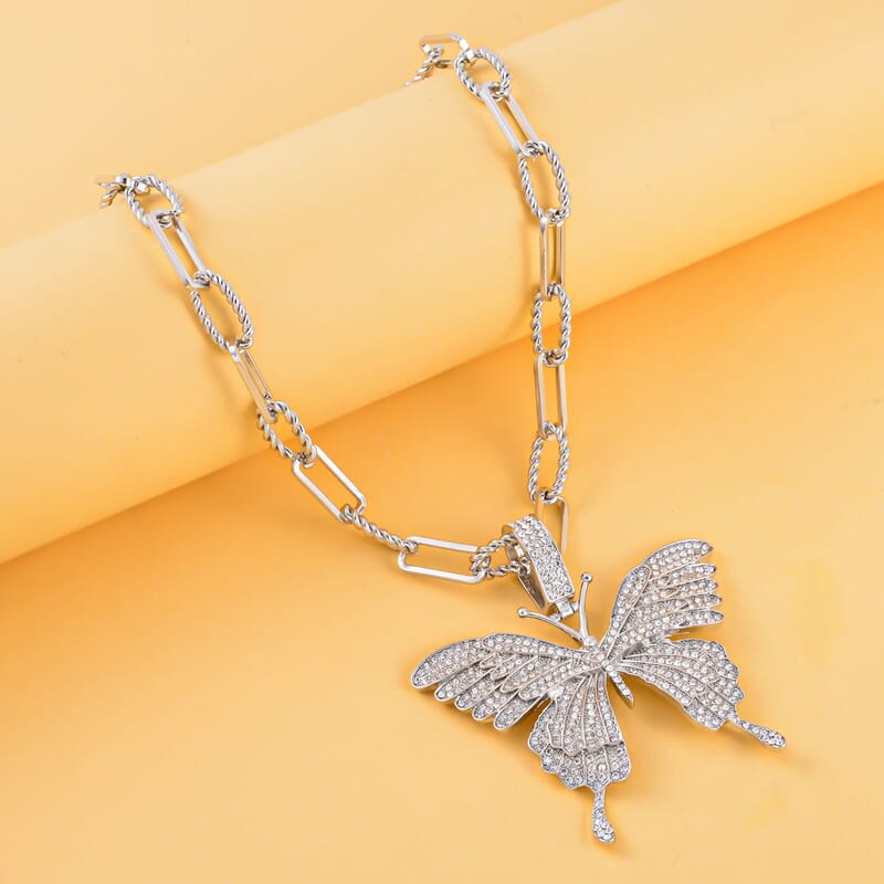 Austrian Crystal Butterfly Pendant Necklace 20-22 Inches in Silvertone
