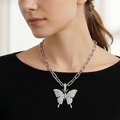 Austrian Crystal Butterfly Pendant Necklace 20-22 Inches in Silvertone