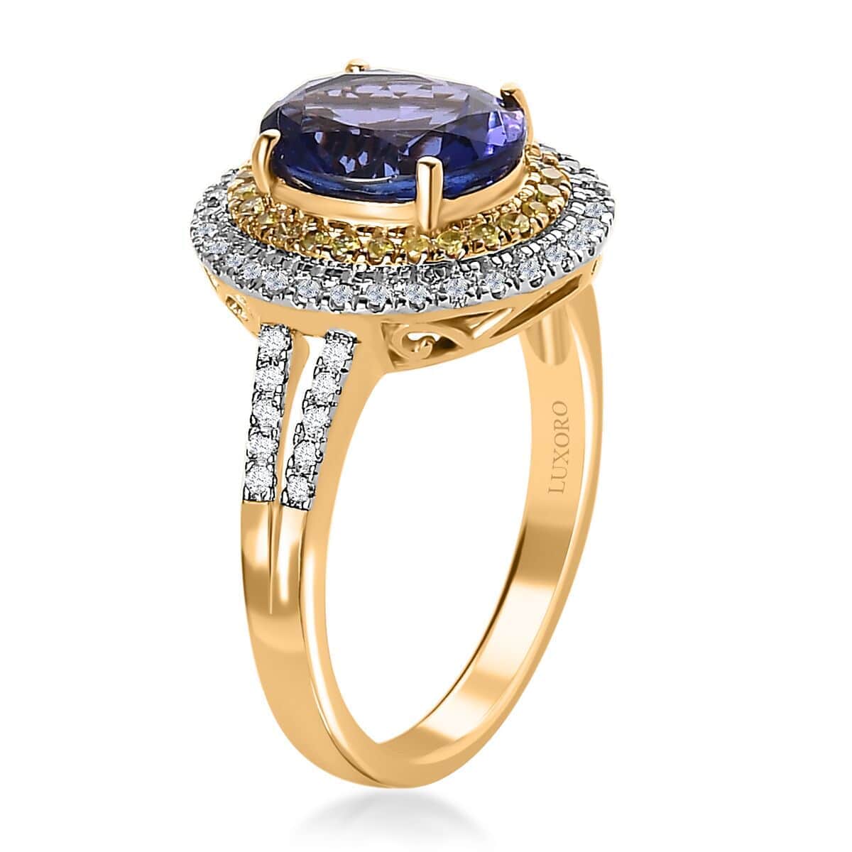 Luxoro 14K Yellow Gold AAA Tanzanite, I2-I3 Natural Yellow and White Diamond Double Halo Ring (Size 7.0) 2.75 ctw image number 3