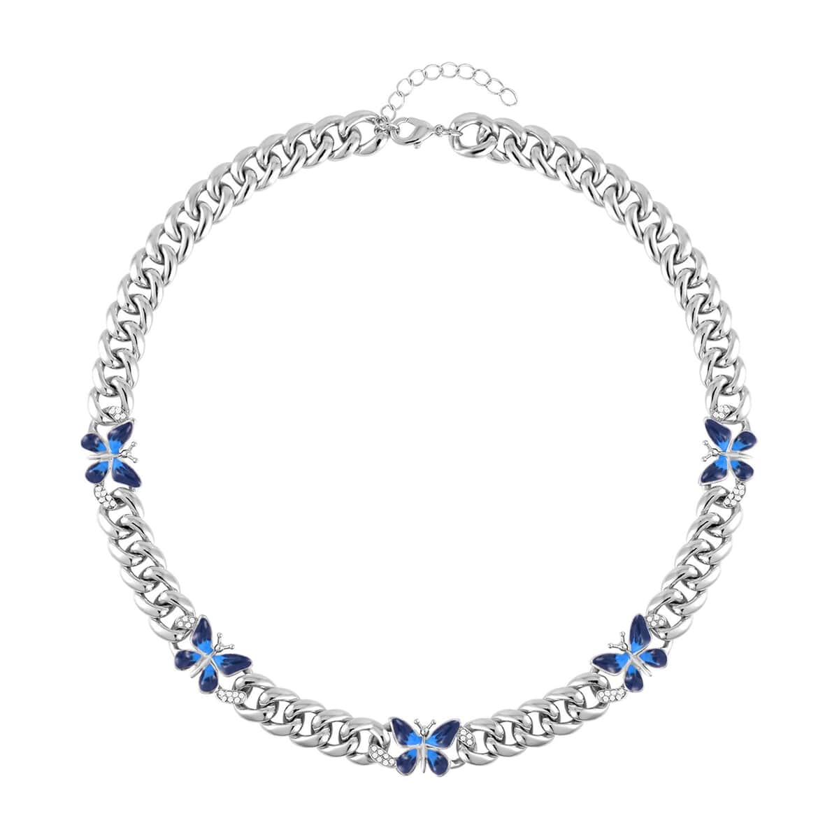 Austrian Crystal and Blue Enameled and Beautiful Curb Chain Necklace 20-22 Inches in Silvertone image number 0