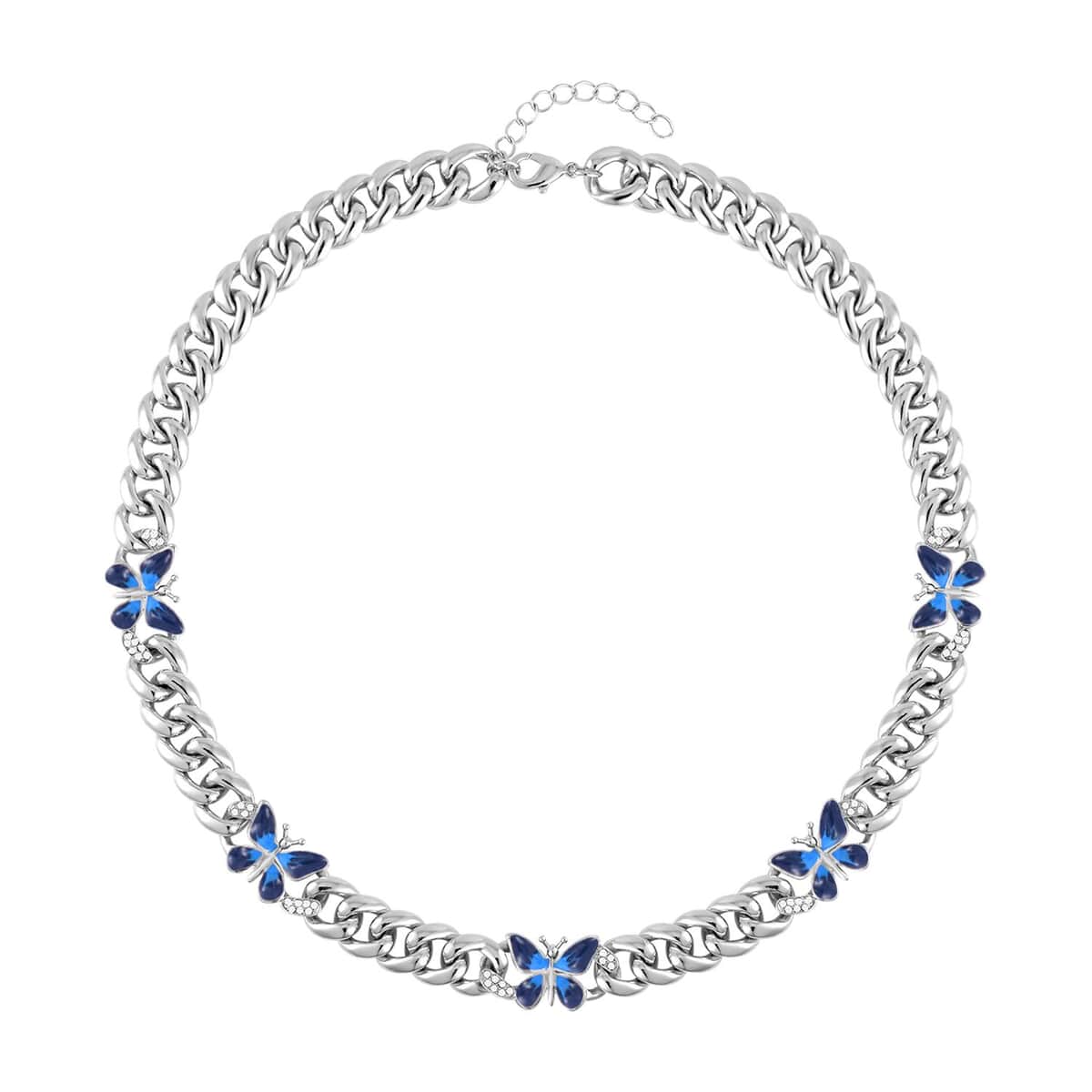 Doorbuster Austrian Crystal and Blue Enameled and Beautiful Curb Chain Necklace 20-22 Inches in Silvertone image number 0