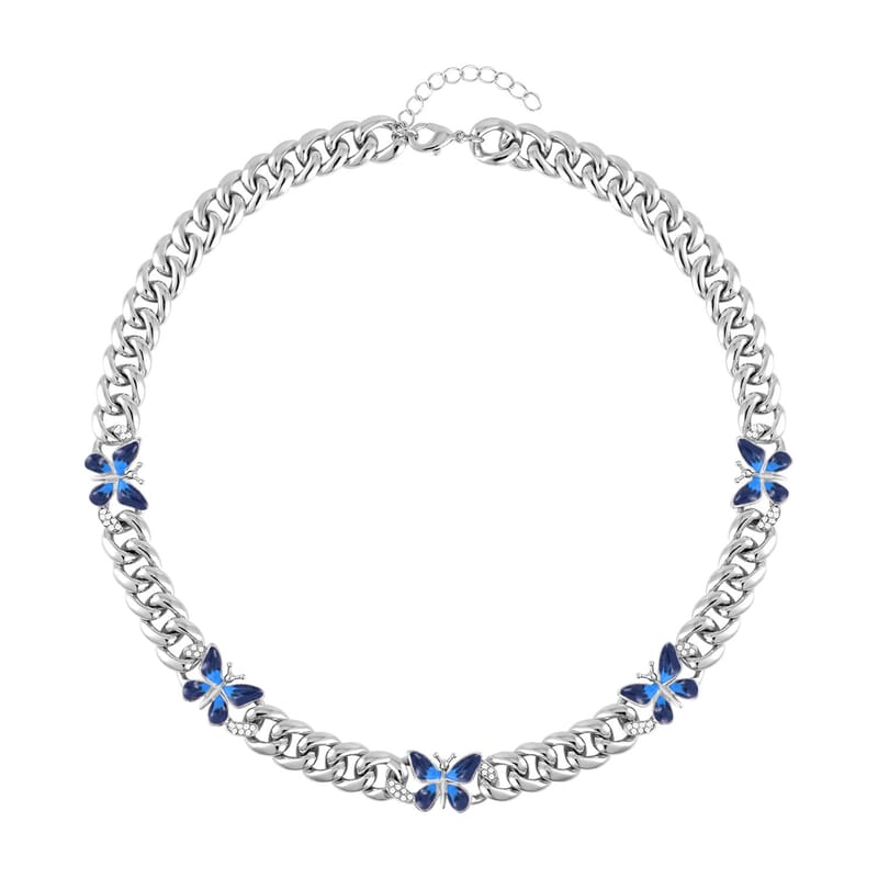 Austrian Crystal and Blue Enameled and Beautiful Curb Chain Necklace 20-22 Inches in Silvertone