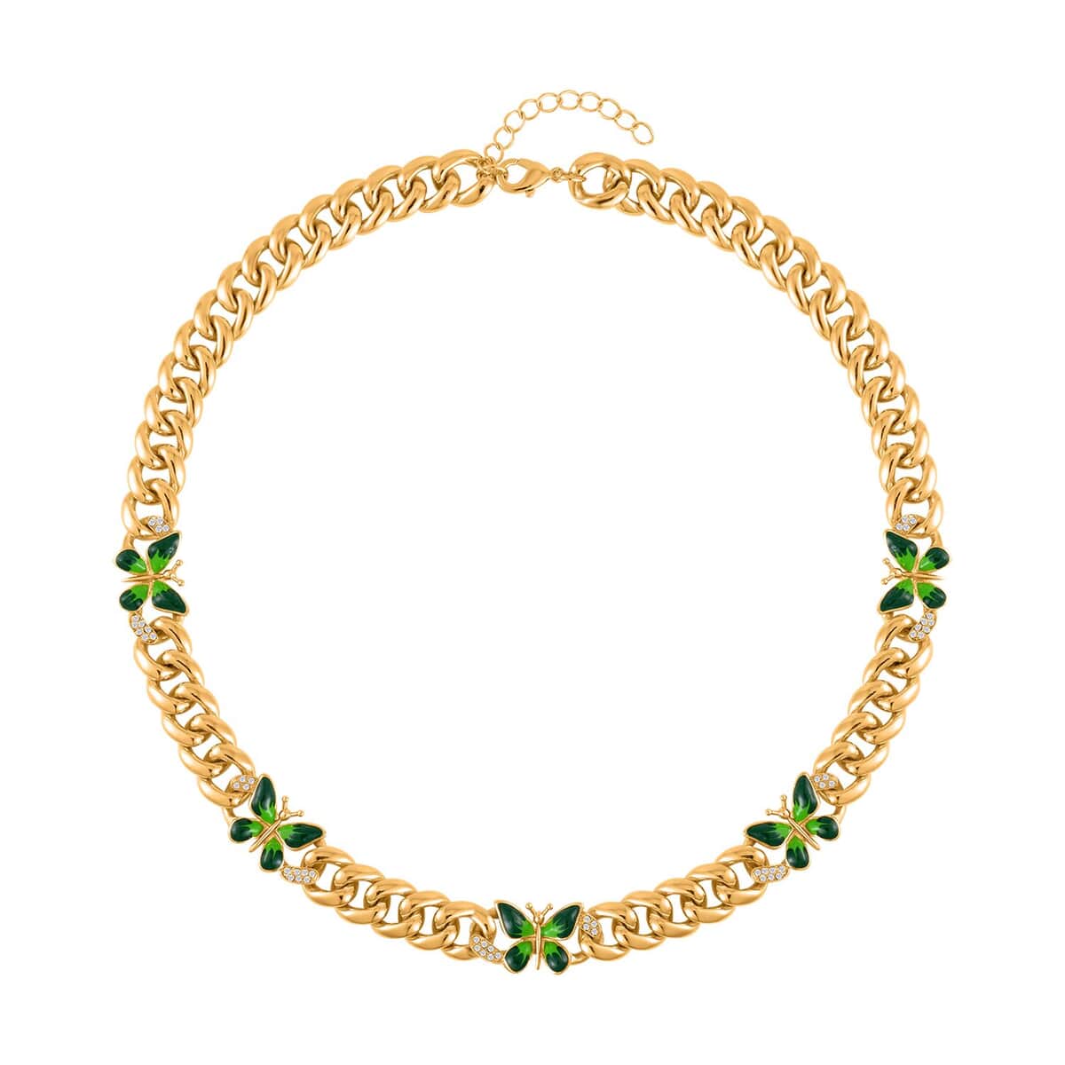 Austrian Crystal and Green Enameled Butterfly Curb Chain Necklace 20-22 Inches in Goldtone image number 0