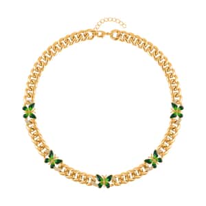 Austrian Crystal and Green Enameled Butterfly Curb Chain Necklace 20-22 Inches in Goldtone