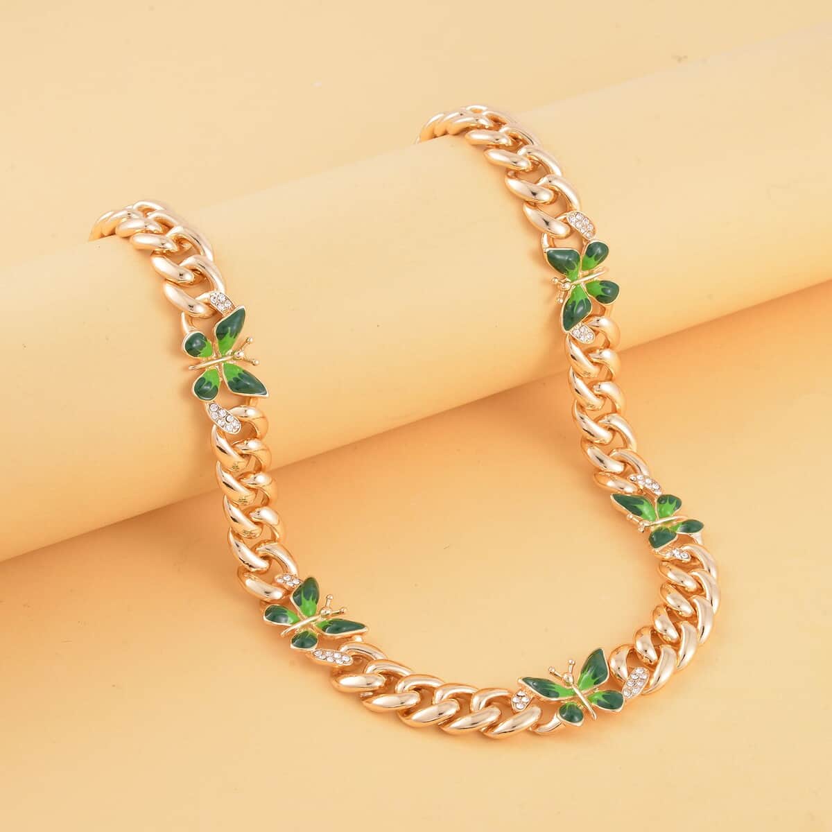 Austrian Crystal and Green Enameled Butterfly Curb Chain Necklace 20-22 Inches in Goldtone image number 1