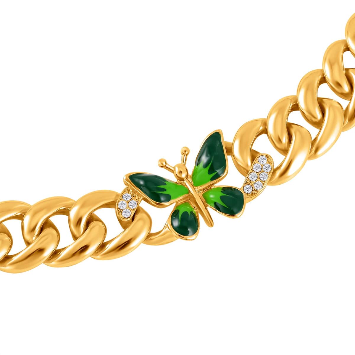Austrian Crystal and Green Enameled Butterfly Curb Chain Necklace 20-22 Inches in Goldtone image number 2